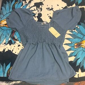 Elegant Smocked Blouse in Slate Blue